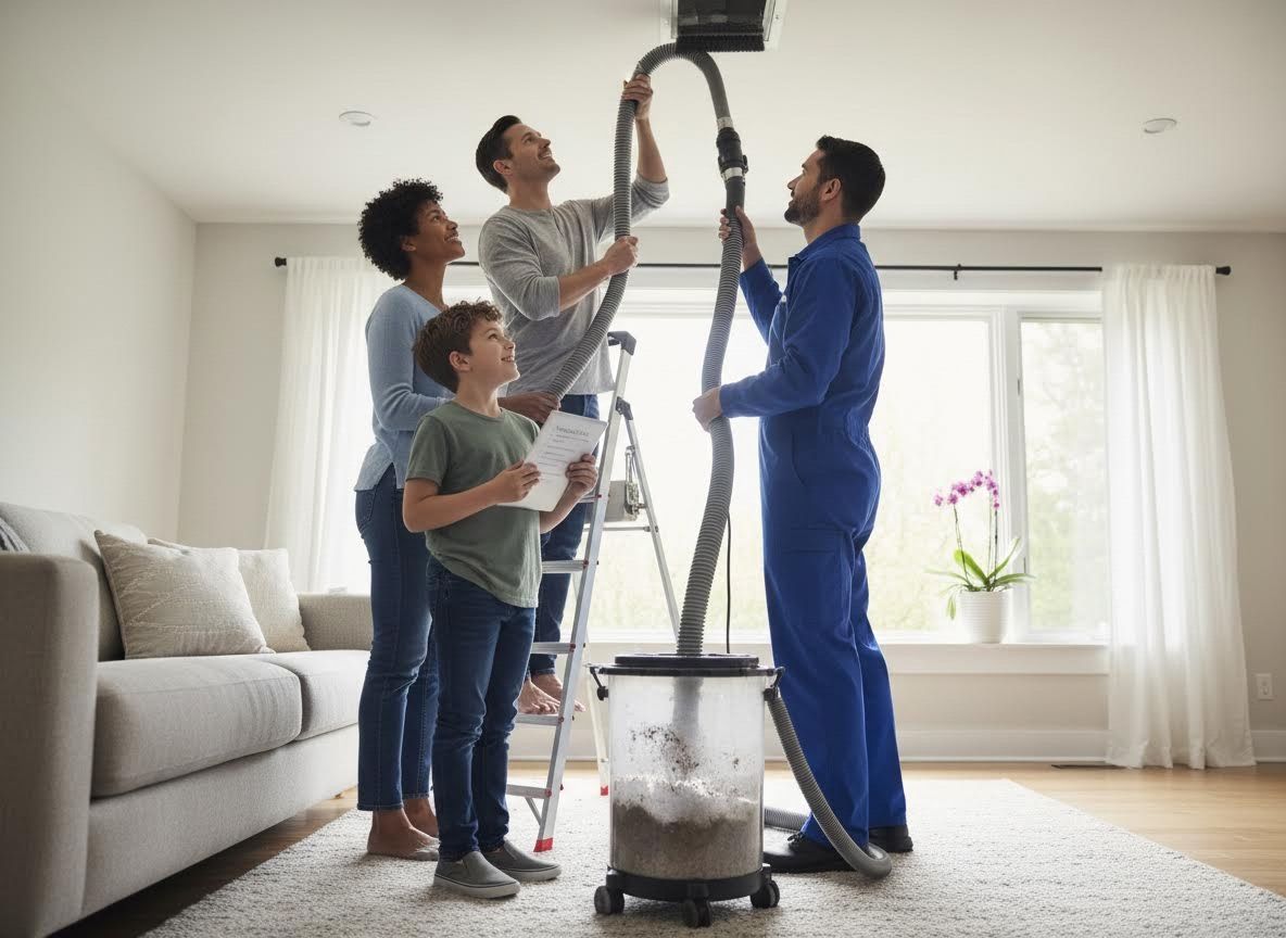 Family watches technician clean air ducts