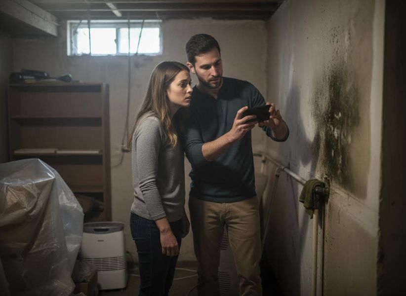 A man photographs a large patch of black mold on a dimly lit basement wall with his smartphone, as a woman watches with concern. Couple documenting mold in a basement
