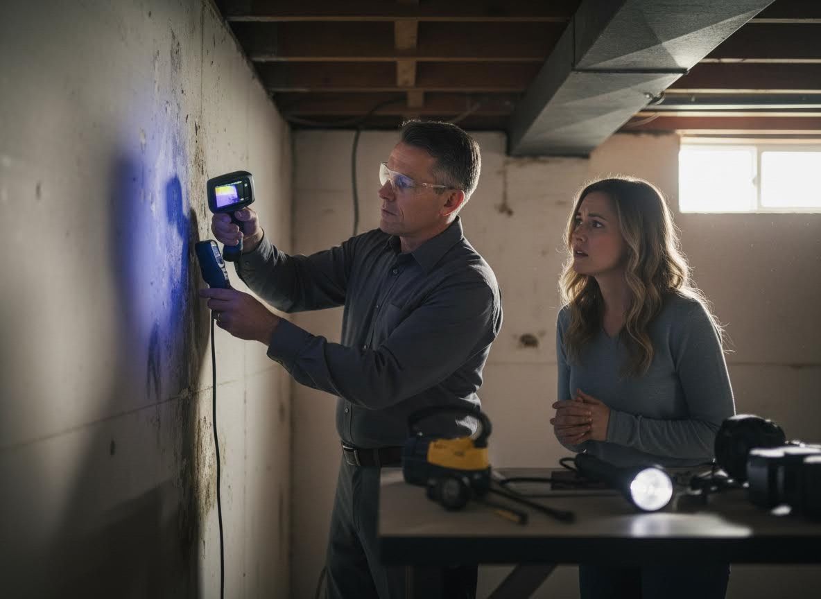 Home Inspector Examining Basement Wall with Thermal Camera