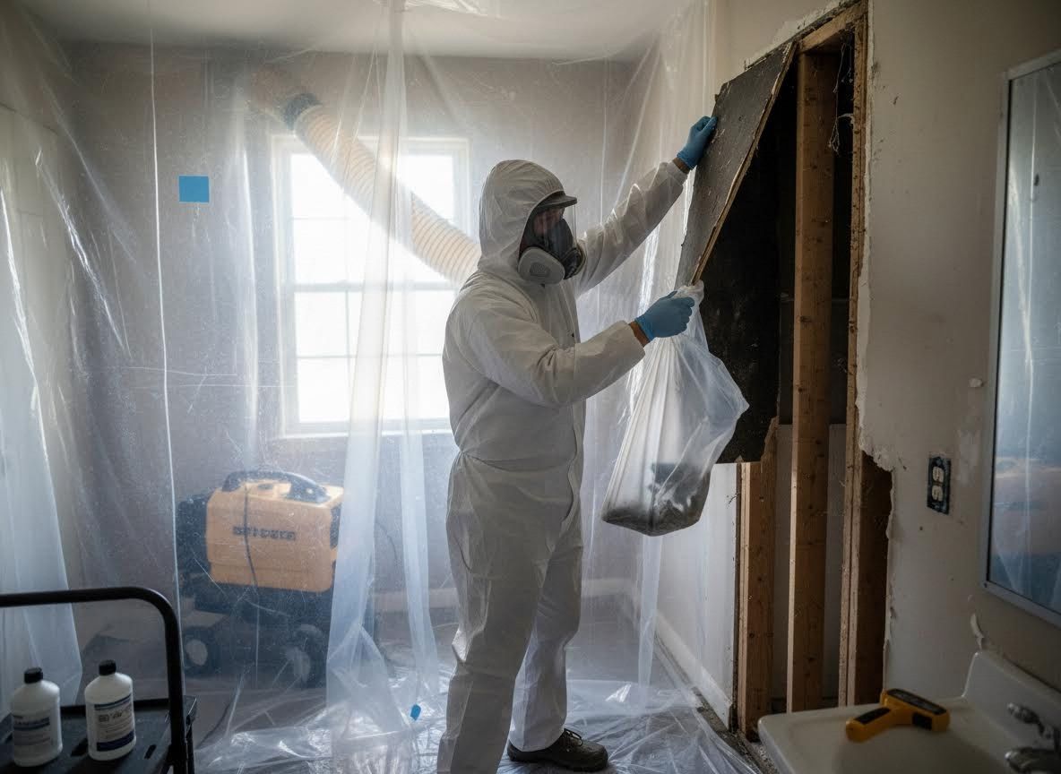 Professional Removing Debris in Hazmat Suit During Remediation