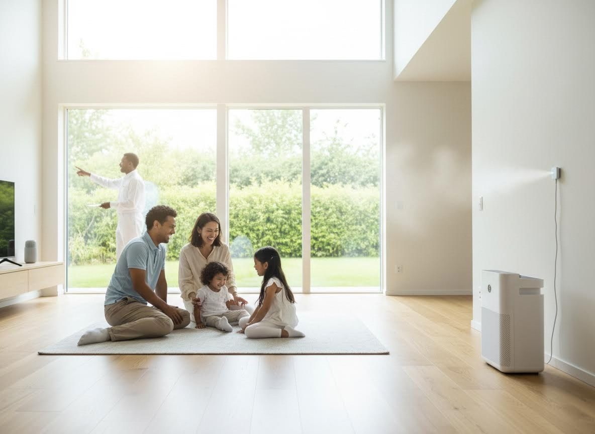 Happy Family in Modern Home with Air Purifier