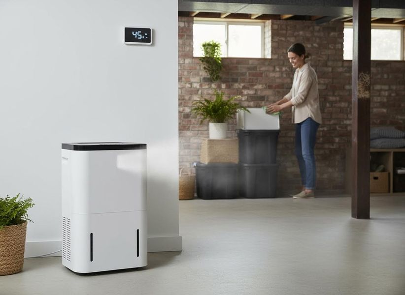 A sleek white dehumidifier operates in a clean basement, displaying 45% humidity. A woman organizes storage bins in the background. White Dehumidifier in Basement with Woman Organizing