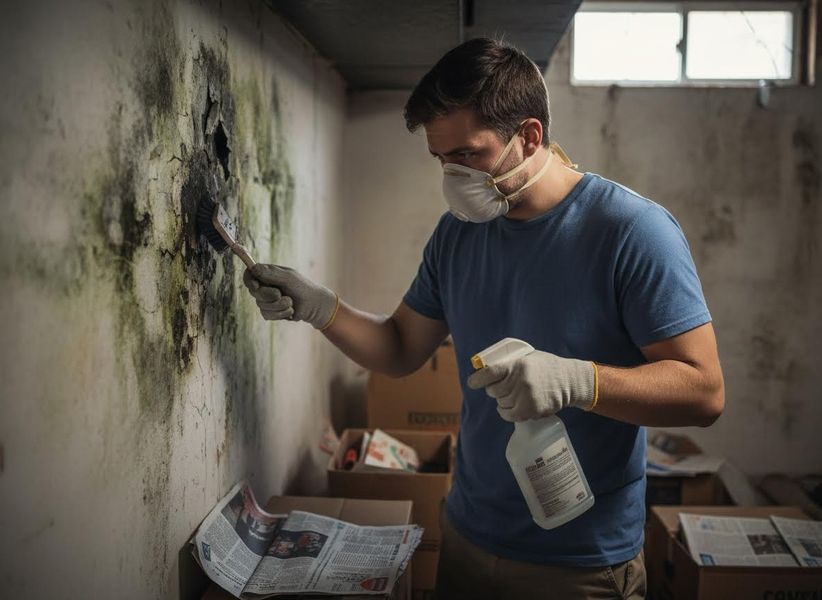 Man cleaning mold from basement wall