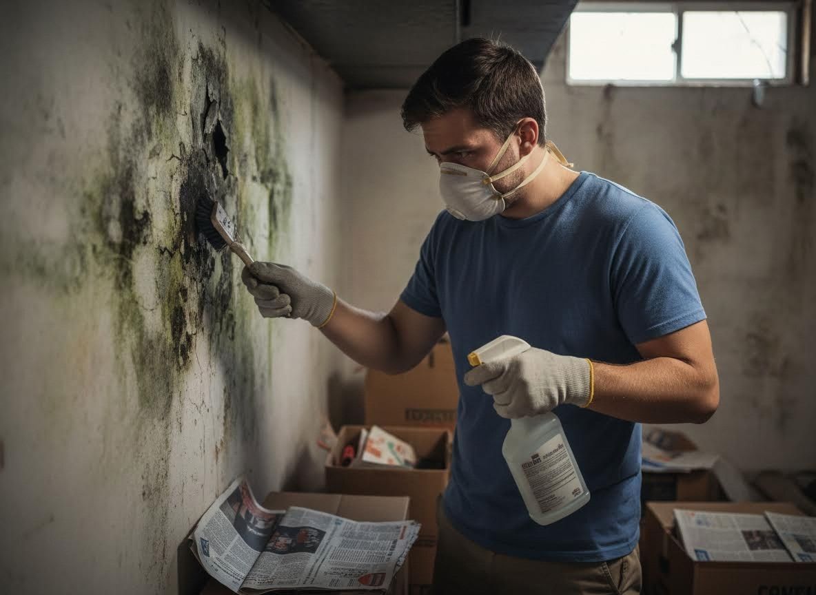 Man cleaning mold from basement wall