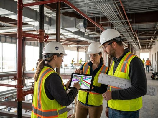 Three construction professionals in hard hats and safety gear discuss a 3D building model on a tablet at an unfinished job site. Construction team reviewing digital building plans on a tablet