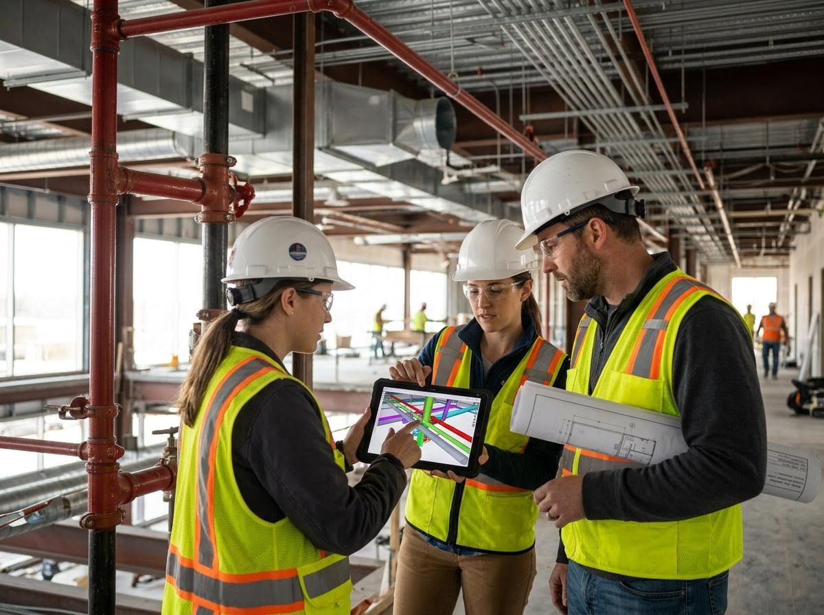 Construction team reviewing digital building plans on a tablet