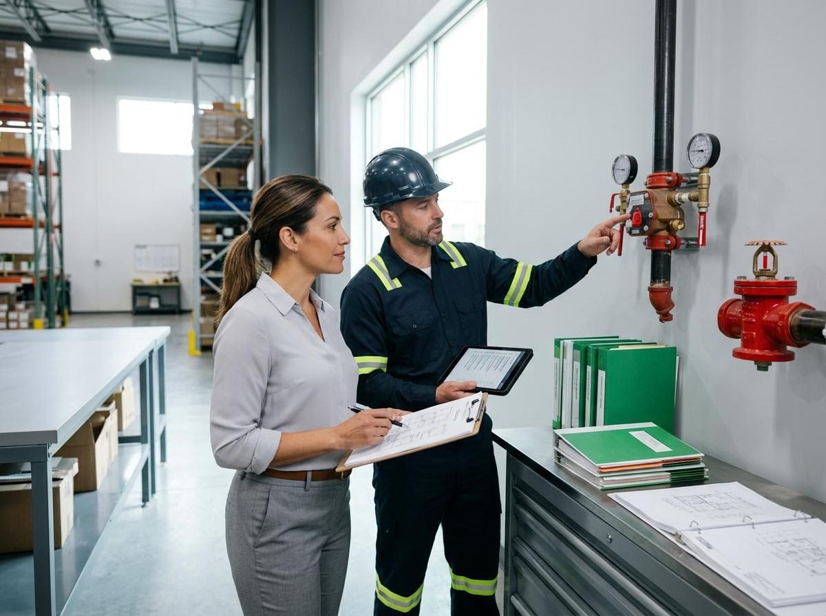 Technician and Manager Inspecting Fire Sprinkler System