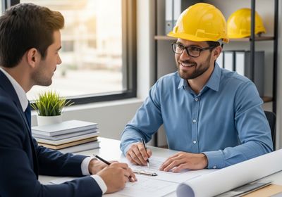 An architect wearing a yellow hard hat and glasses smiles while reviewing blueprints with a client in a suit at a bright, modern office. The setting includes architectural plans, books, and a potted plant, suggesting a professional and collaborative environment. Architect Reviewing Plans with Client