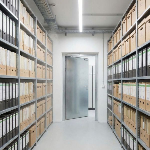 An open industrial archive room with a door slightly ajar and a subtle fire suppression mist in the air