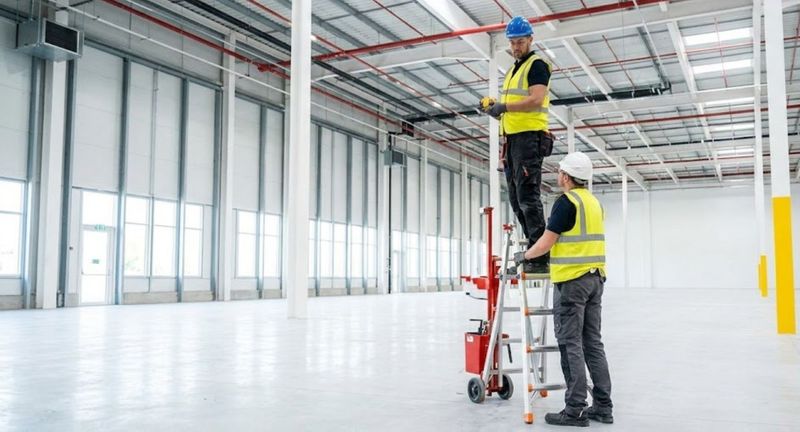 Professional installation team on-site, modern facility, installing sprinkler system.