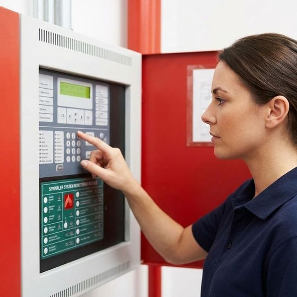 A focused female technician programs a master fire alarm control panel integrated with a sprinkler system monitoring module.