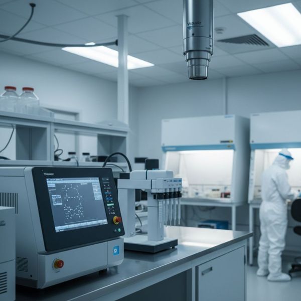 Advanced equipment in a pristine medical laboratory, emphasizing the need for a non-contaminating fire suppression system.
