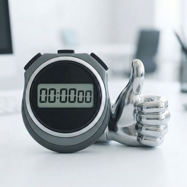 A stopwatch next to a metallic thumbs-up paperweight on a desk