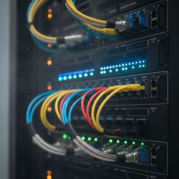 Detailed view of server rack connections in a data center, highlighting the complexity of the protected technology.