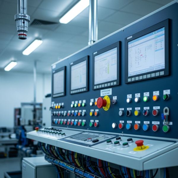 An industrial control panel with numerous buttons and screens, symbolizing sensitive and essential operational equipment.