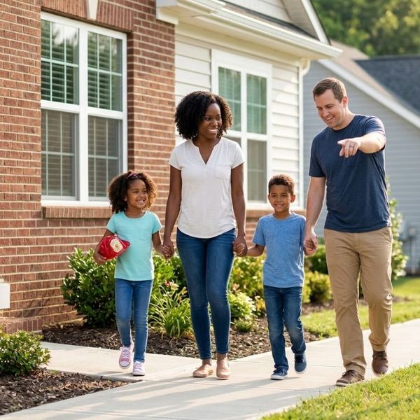 A happy family smiling and quickly walking together outside their home during a fire drill