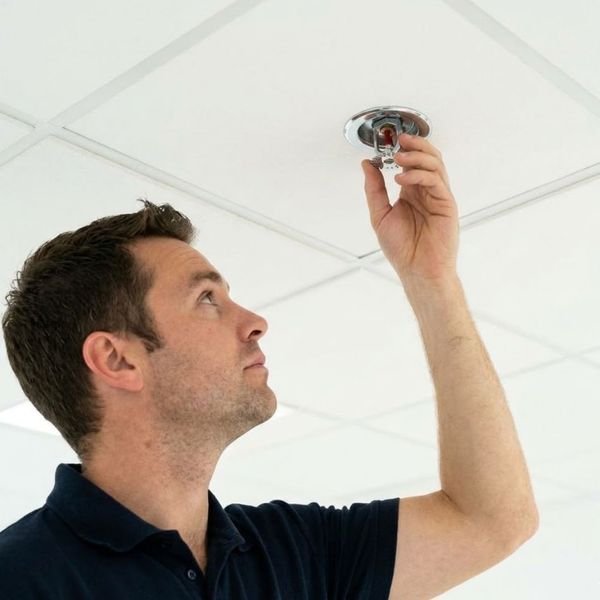 A technician carefully inspects a newly installed concealed fire sprinkler head in a modern ceiling, conducting a compliance check.