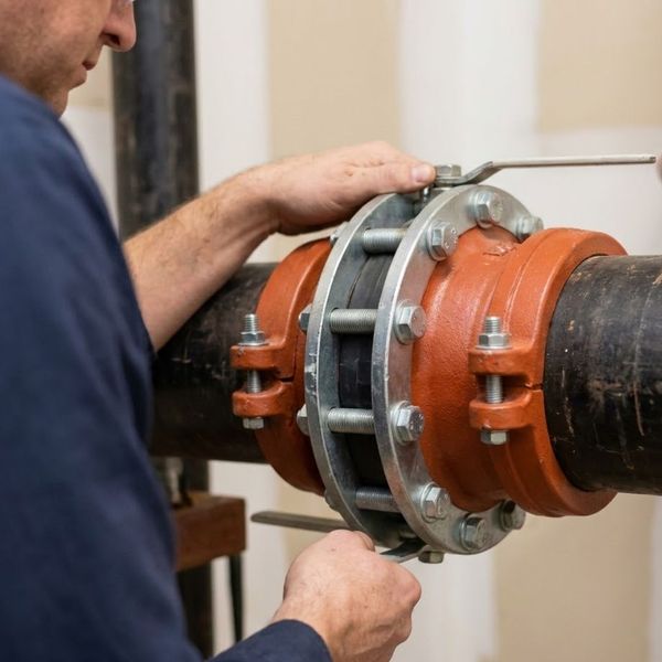 A skilled technician tightly secures a large mechanical connection on a fire main pipe.