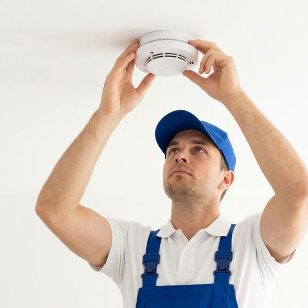 A square image of a professional technician checking a residential smoke alarm during daytime.