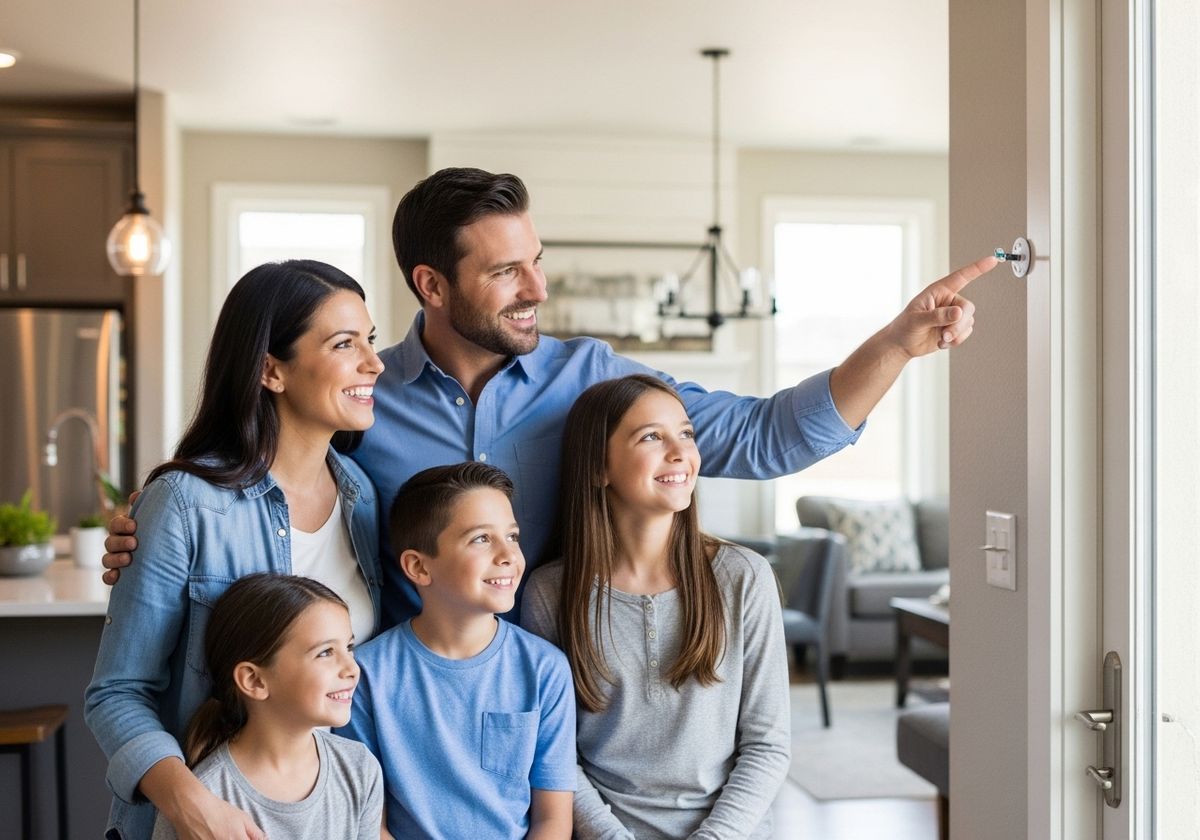 Happy family looking out window