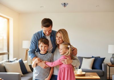 Happy family embracing indoors with a fire sprinkler overhead.