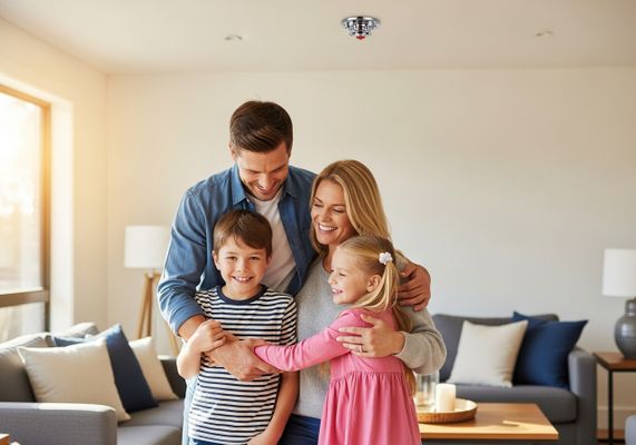 Happy family embracing indoors with a fire sprinkler overhead.