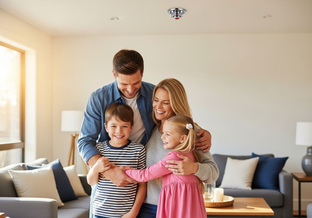Happy family embracing indoors with a fire sprinkler overhead.