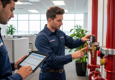 In a bright office setting, two AQuickCare technicians are inspecting a red fire suppression system; one adjusts a valve while the other records data on a tablet. Fire safety inspection by AQuickCare technician