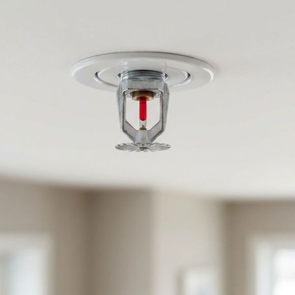 A close-up square photograph of a residential fire sprinkler head against a clean ceiling