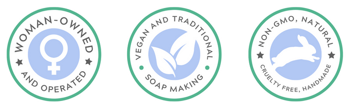 badges: woman-owned and operated, vegan and traditional soap making, non-gmo, natural, cruelty free, handmade