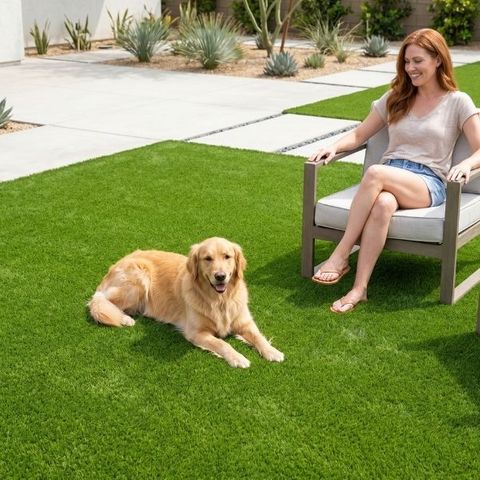 A Woman and a dog on synthetic turf A Woman and a dog on synthetic turf
