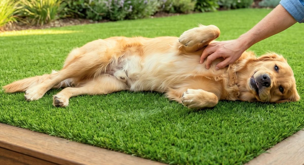 A dog lying on synthetic turf