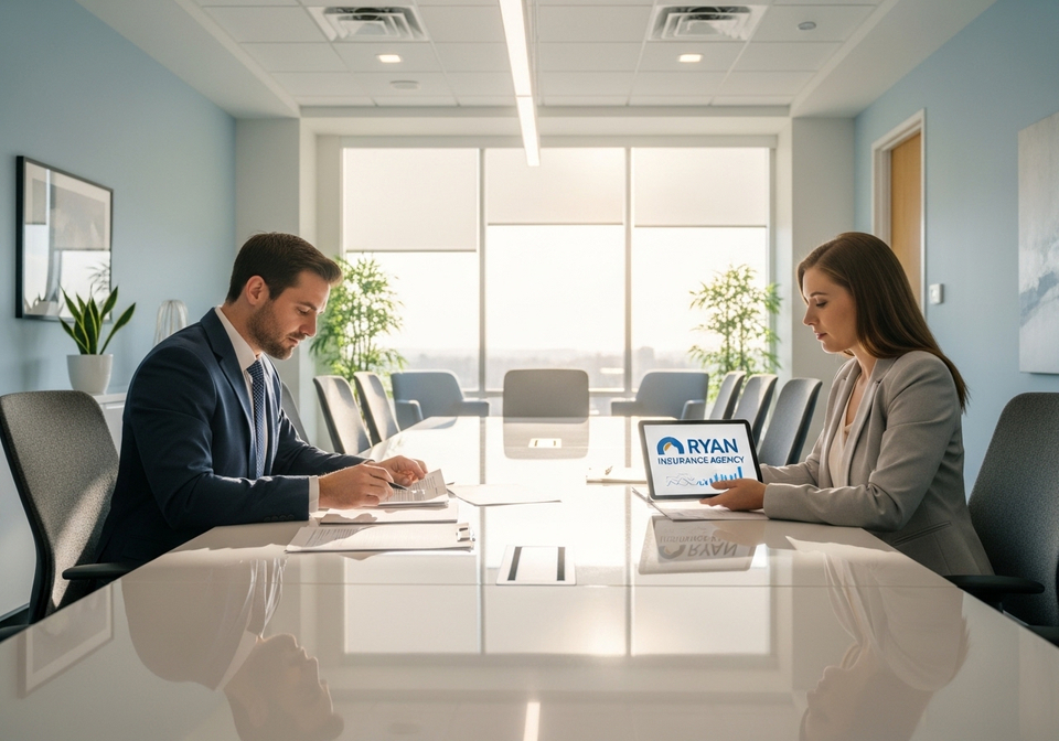 A wide-angle landscape photograph of a modern, sunlit office conference room where two business professionals, a man and a woman in attire, review documents and a tablet displaying "Ryan Insurance Agency" charts. 1768426797150/sample_0.jpg