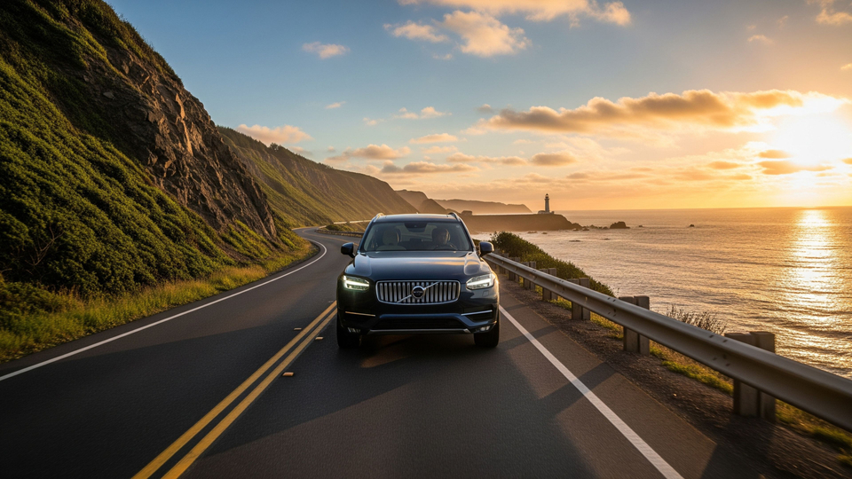 A car driving on a scenic coastal road at sunset, representing a sense of security.