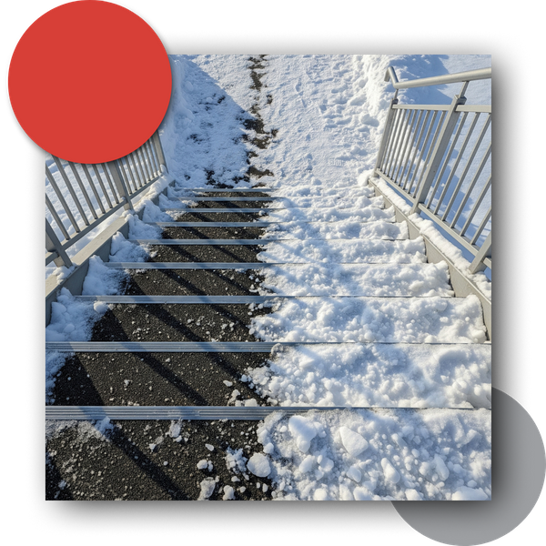Snow cleared off of half an outdoor staircase