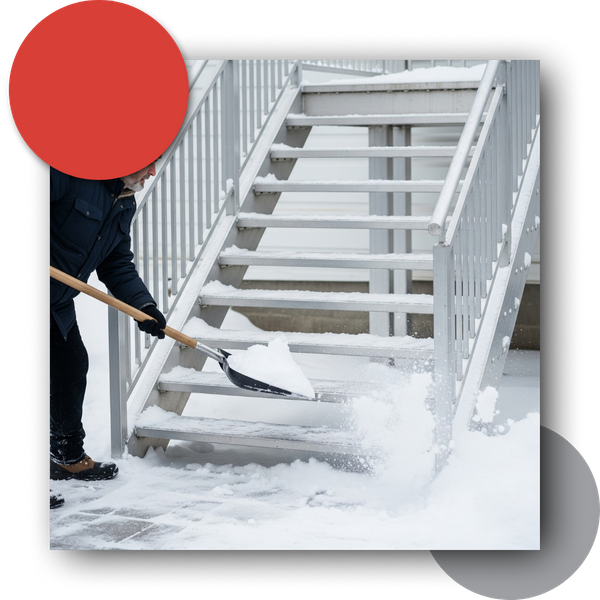 Man shoveling snow off aluminum stairs