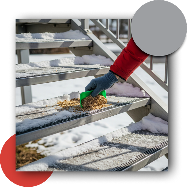 Spreading de-icing materials on snowy aluminum steps