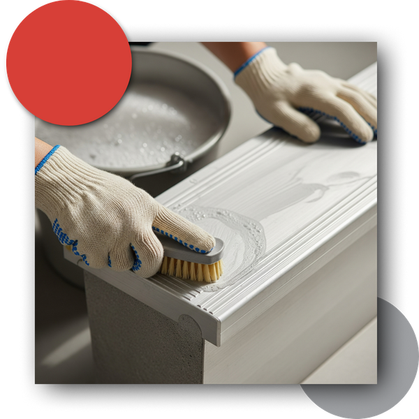 Gloved hands scrubbing aluminum steps