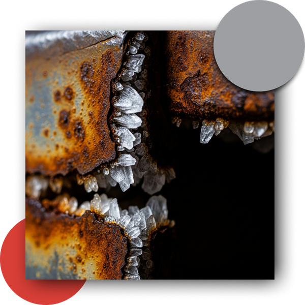 Salt crystals growing from corroded metal steps
