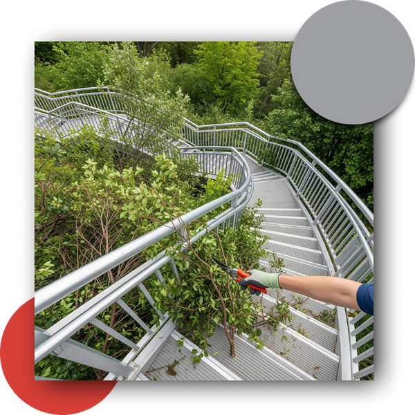 Hand reaching out and trimming trees around an outdoor staircase