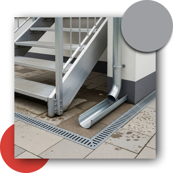 Downspout next to aluminum staircase