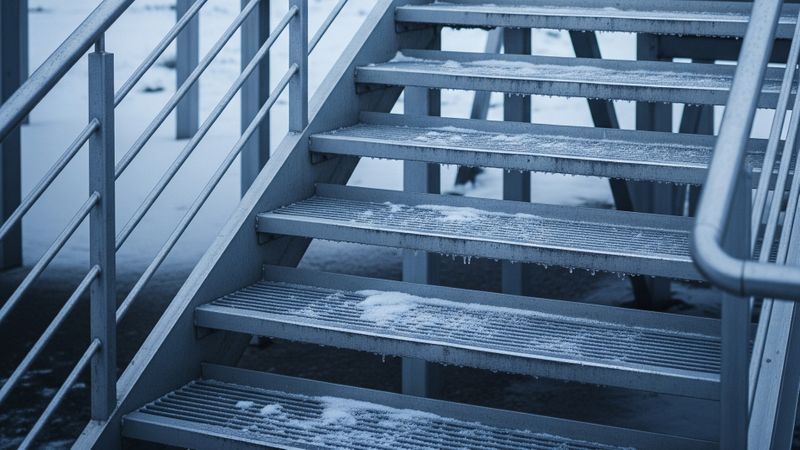 Frosted steps of an aluminum staircase