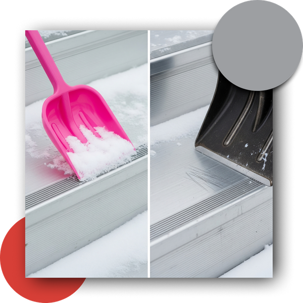 Side by Side image of plastic and metal shovels on aluminum steps