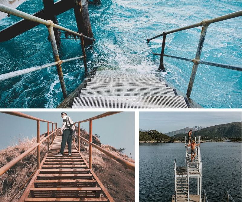 collage of aluminum stairs in water and on a hill