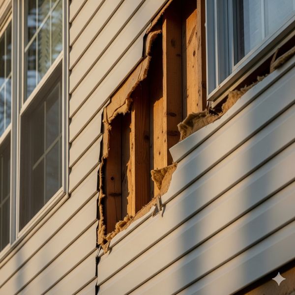 Home with missing siding next to a window