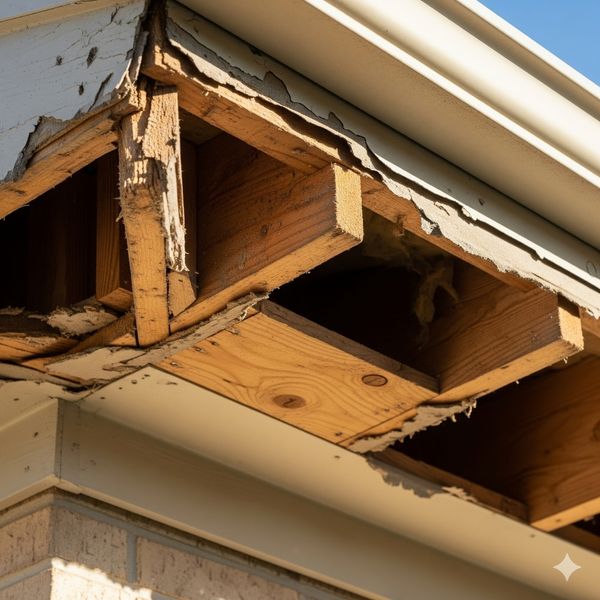 missing soffit panels under the eaves of a house, wood framing exposed