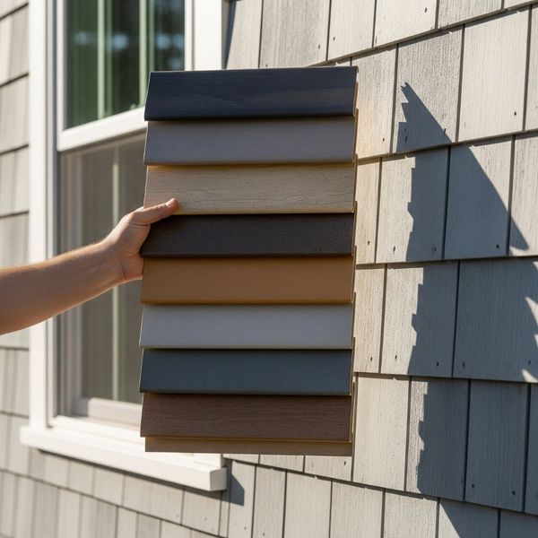 A person holding several vinyl siding color swatch samples against a home's exterior to find a perfect match.