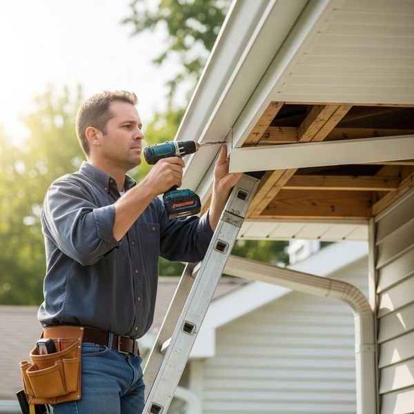 A professional roofer carefully fits a new white soffit panel into place.