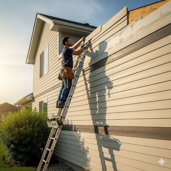 contractor on a ladder carefully installing new siding panels, matching them with the existing wall.