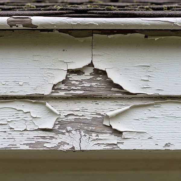 Flaking white paint reveals damaged wood on a home's soffit.